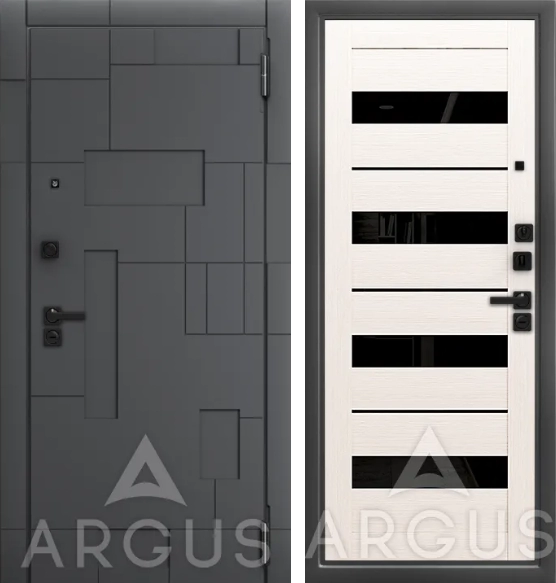 Входная дверь ДА97 Black Style Антик серебро Милана (Белая лиственница, Черный лакобель,Корса, Силк флай