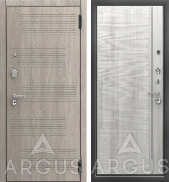 Входная дверь ДА65 Антик серебро Мульсан Ясень ривьера айс, Серебристый молдинг Клод, Филадельфия грей
