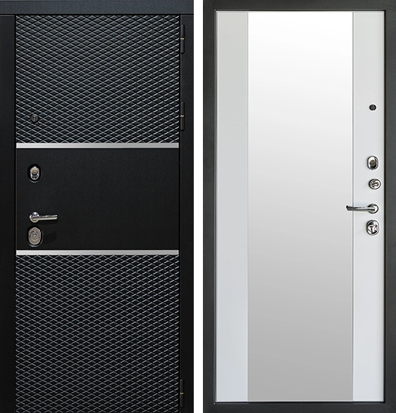 Входная дверь Конте Черный кварц/ Зеркало Белый матовый