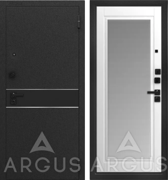 Входная дверь ДА96 Black Style Черный шелк Крэйзи Эмалит арктик, Зеркало с фацетом,вст. Таллин муар