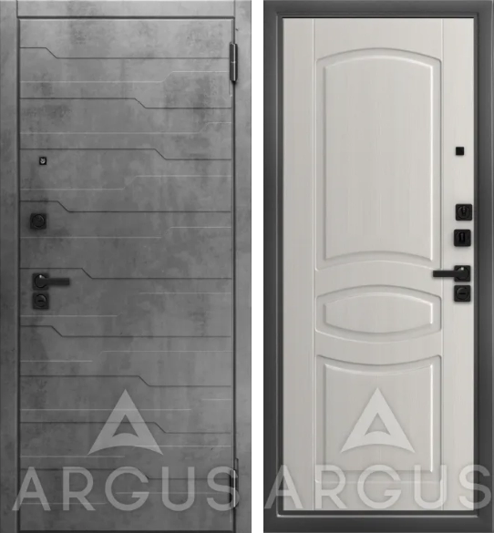 Входная дверь ДА94 Black Style Антик серебро Монако Белый ясень Корто, Бетон темный