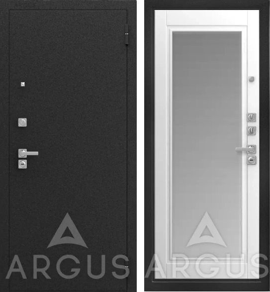 Входная дверь ДА96 Черный шелк Крэйзи Эмалит арктик, Зеркало с фацетом